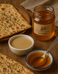 صبحانه‌ی سنتی با عسل کنار، ارده و نان سنگک
